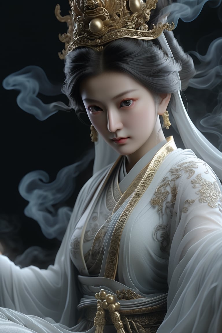 a Guanyin girl, [a white lighting translucent phantom made of smoke], intricate design, photorealistic, hyperrealistic, high definition, extremely detailed, cinematic, UHD, HDR, 32k, ultra hd, realistic, dark muted tones, highly detailed, perfect composition, beautiful detailed intricate insanely detailed octane render, trending on artstation,ghost person