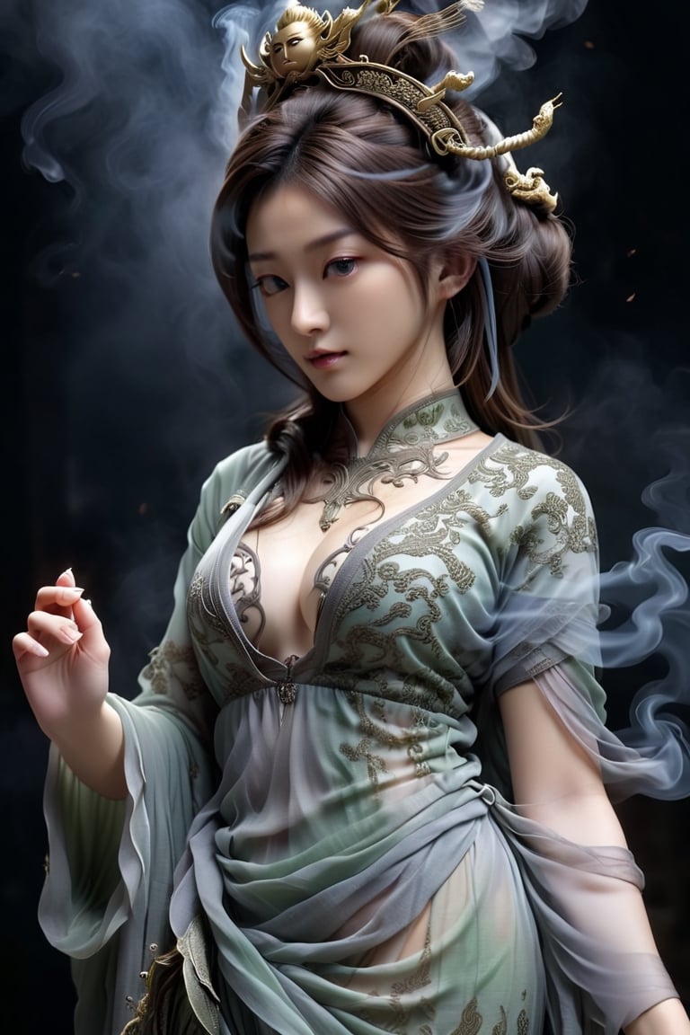 a Guanyin girl, [a white lighting translucent phantom made of smoke], intricate design, photorealistic, hyperrealistic, high definition, extremely detailed, cinematic, UHD, HDR, 32k, ultra hd, realistic, dark muted tones, highly detailed, perfect composition, beautiful detailed intricate insanely detailed octane render, trending on artstation,ghost person,Flat vector art,Magical Fantasy style,NIJI STYLE,huayu,SakimiStyle,MikieHara