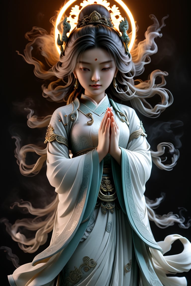 a Guanyin girl, [a white lighting translucent phantom made of smoke], intricate design, photorealistic, hyperrealistic, high definition, extremely detailed, cinematic, UHD, HDR, 32k, ultra hd, realistic, dark muted tones, highly detailed, perfect composition, beautiful detailed intricate insanely detailed octane render, trending on artstation,ghost person,Flat vector art,Magical Fantasy style,NIJI STYLE,huayu,SakimiStyle,MikieHara,Anime ,chibi,A girl in the wild 