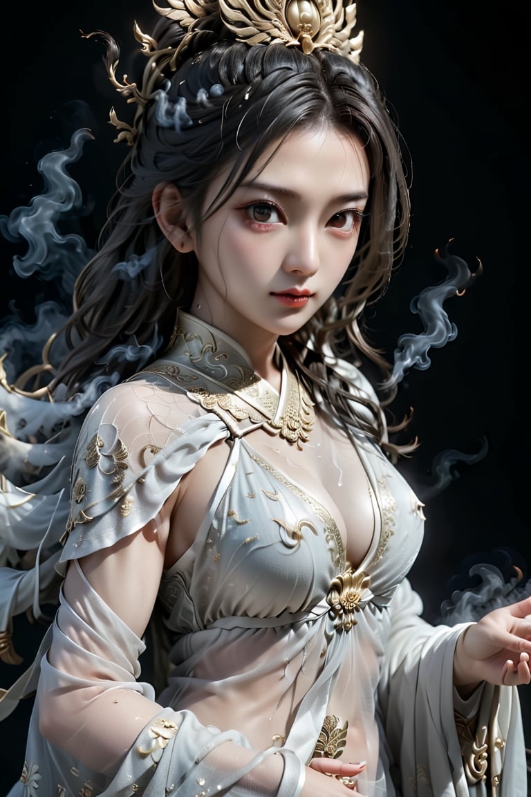 a Guanyin girl, [a white lighting translucent phantom made of smoke], intricate design, photorealistic, hyperrealistic, high definition, extremely detailed, cinematic, UHD, HDR, 32k, ultra hd, realistic, dark muted tones, highly detailed, perfect composition, beautiful detailed intricate insanely detailed octane render, trending on artstation,ghost person,Flat vector art,Magical Fantasy style,NIJI STYLE,huayu,SakimiStyle,MikieHara