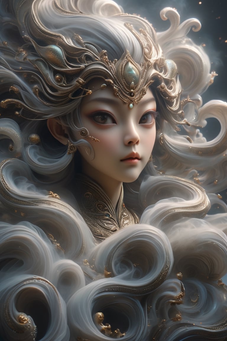 a Guanyin girl, [a white lighting translucent phantom made of smoke], intricate design, photorealistic, hyperrealistic, high definition, extremely detailed, cinematic, UHD, HDR, 32k, ultra hd, realistic, dark muted tones, highly detailed, perfect composition, beautiful detailed intricate insanely detailed octane render, trending on artstation,ghost person,Flat vector art,Magical Fantasy style,NIJI STYLE,huayu,SakimiStyle,MikieHara,Anime ,chibi,alienzkin