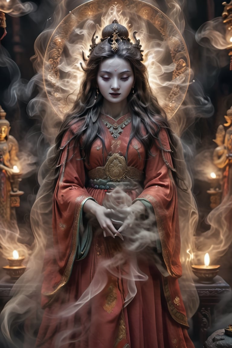 a Guanyin girl, [a white lighting translucent phantom made of smoke], intricate design, photorealistic, hyperrealistic, high definition, extremely detailed, cinematic, UHD, HDR, 32k, ultra hd, realistic, dark muted tones, highly detailed, perfect composition, beautiful detailed intricate insanely detailed octane render, trending on artstation,ghost person,modelshoot style,3D,lis4