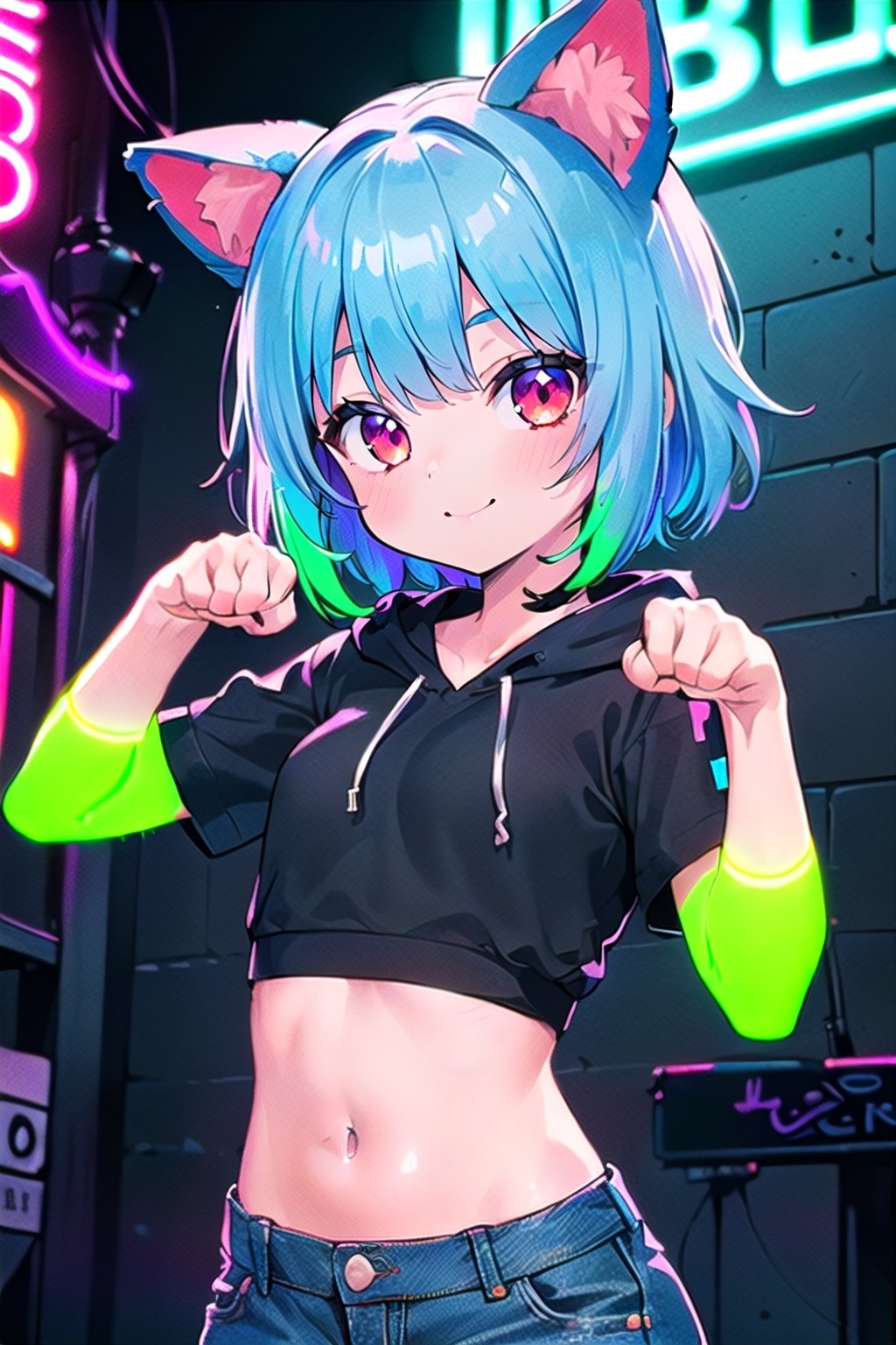 (1girl:1.5), (solo:1.3), (loking at viewer:1.3), (upper body:1.5), (symmetry:1.5), (midriff:1.7), (bangs:1.3), (medium hair:1.1), (blue hair:1.1), (red eyes:1.1), (smile:1.5), (small breast:1.3), (animal ears:1.5), (hood:1.1), (jeans shorts:1.1), (pantyhose:1.1), (paw pose:1.5), (standing:1.5), (street:1.5), (night:1.1), (neon lights:1.7), (masterpiece:1.2), (best quality:1.2), (4k:1.2), (uhd:1.2), (highres:1.2)