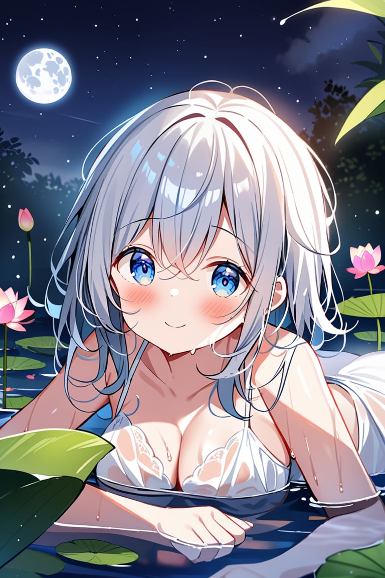 "deyui, 1girl, solo, silver hair, blue eyes, breasts, cleavage, alternate costume, white camisole, white dress, wet dres, sleeveless white dress, white lingerie, wet body, (lying on stomach), lying in shallow water, from left, looking at viewer, Outdoors, swamp, shallow water, (Lotus flower), lots of flowers blooming, night time, night sky, portrait, moon, moonlight, Blush, calm smile, mountain, florest background, masterpiece, best quality, very aesthetic, absurdres",