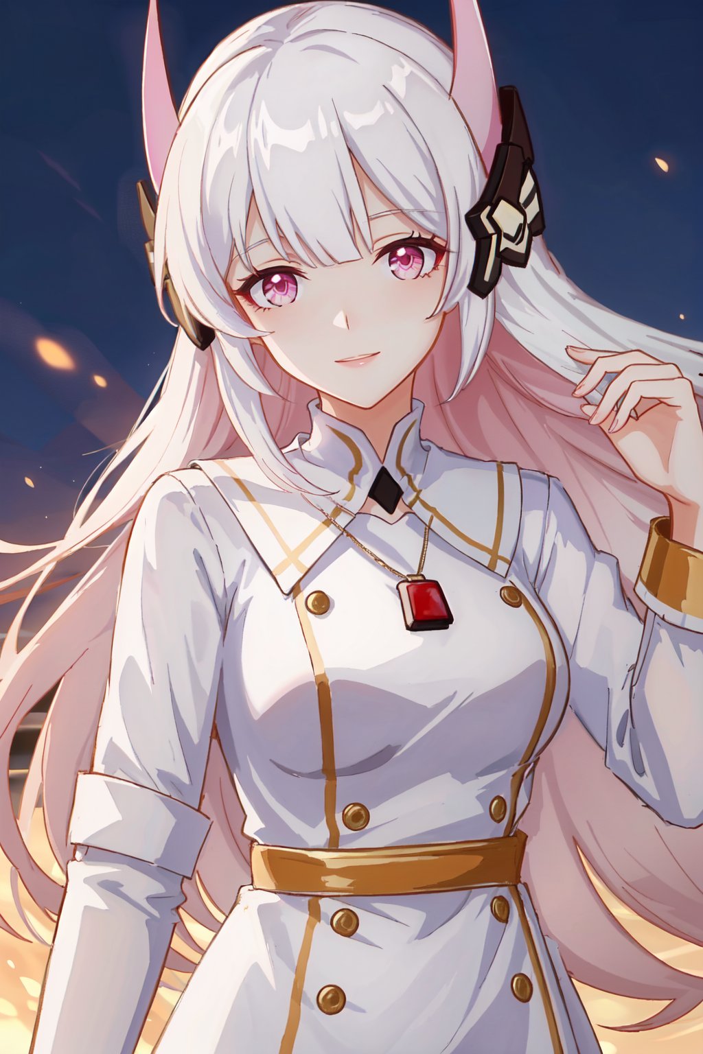  (masterpiece:1.2), best quality, highres, 1girl,solo,looking at viewer, bangs,breasts,long hair,straight hair,soft lighting,smile,white hair, long hair, pink eyes, headgear, necklace, white coat, skirt,upper_body,close up