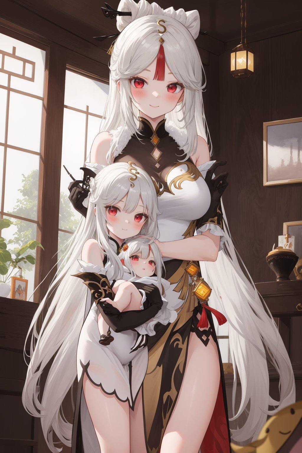 (Masterpiece:1.3), (Best Quality:1.3), (high resolution), (intricate details),  (toned), uhd, (ultra_detailed)), (perfect face), (cute face), ningguang \(genshin impact), 2girls, Baby, you’re my home, silver hair, long hair, hair ornament, red eyes, (holding a baby girl:1.2), baby girl with hair ornament shenhe, blush, calm smile, standing, looking at viewer, indoors on home