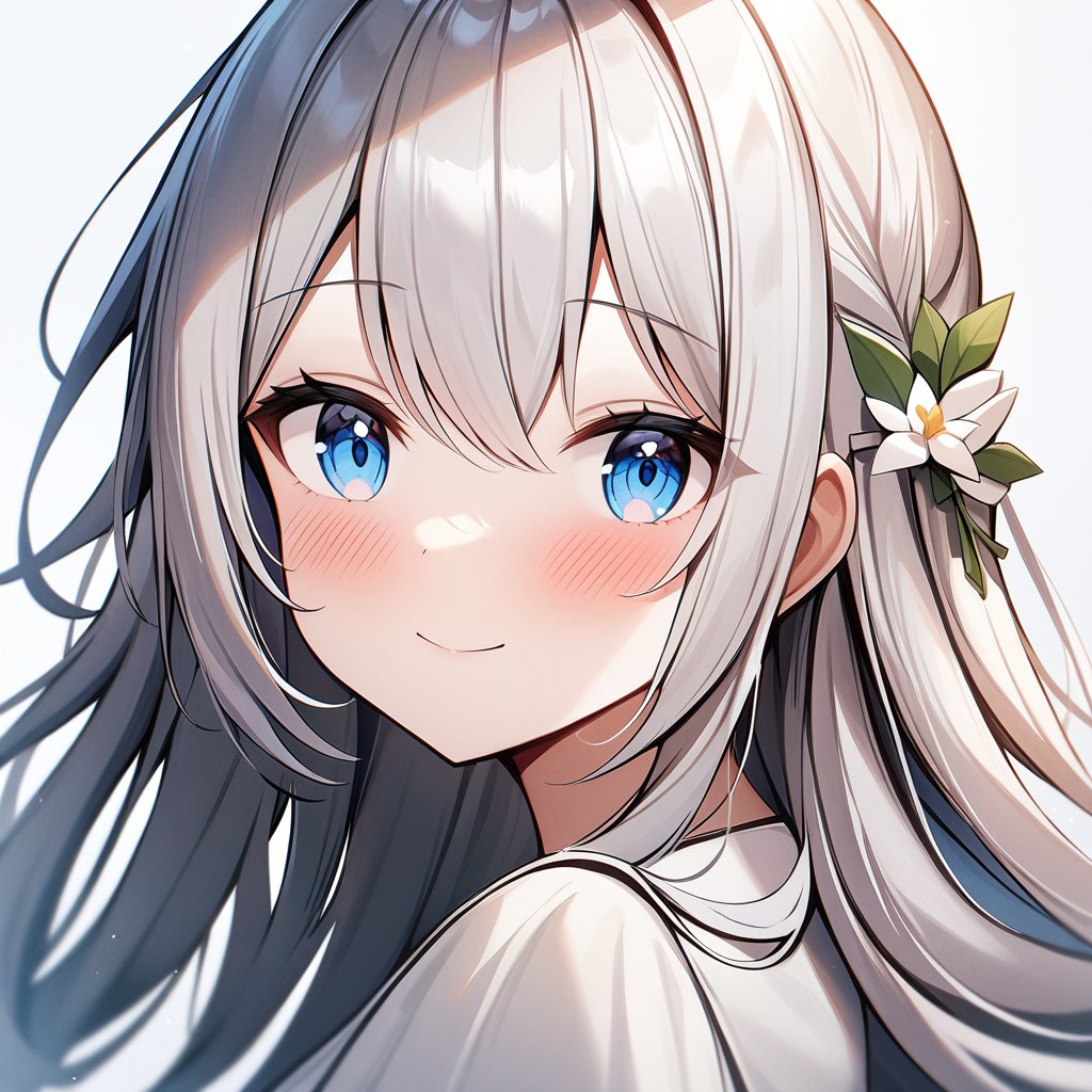 solcha, 1girl, solo, silver hair, blue eyes, eyes focus, portrait, looking at away, long hair, white dress, hair ornament, hair pin, flowers hairpin, white flowers, Blush, calm smile, closed mouth, simple background, masterpiece, best quality, very aesthetic, absurdres",