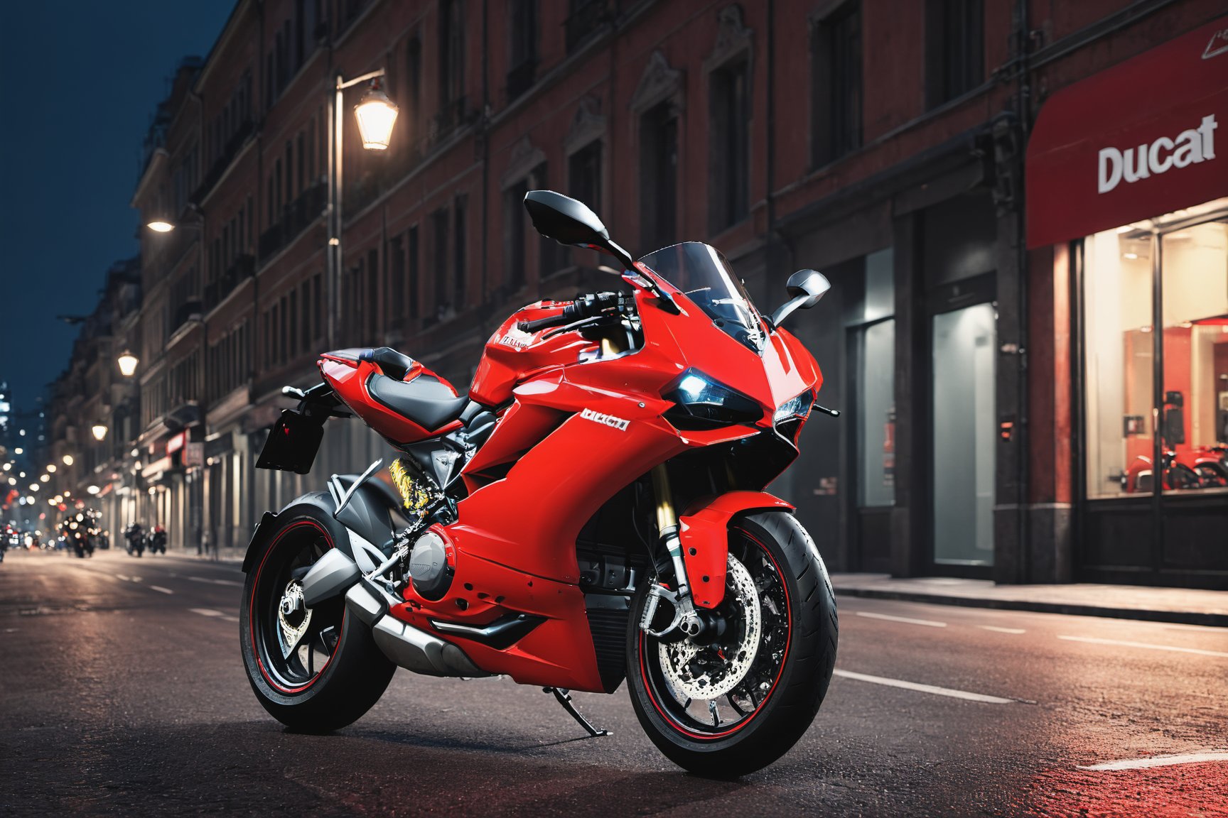 A Ducati in the city road Cinematic lighting Octane render, simple_background, red scooter