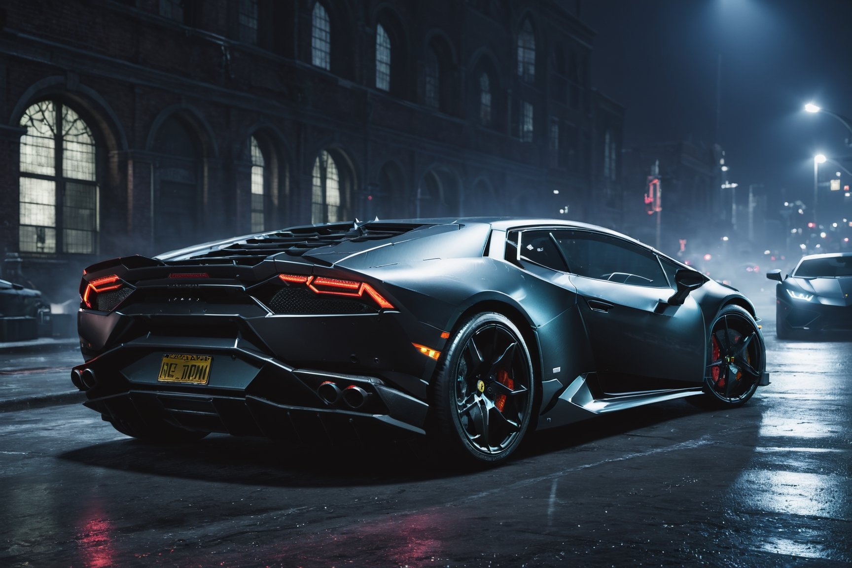 A lamborgini huracan on a Arkham city focus Cinematic lighting Octane render, simple_background, dark background, black car, car light on, Tailstock, batman sign on car, 1 batman beside the car