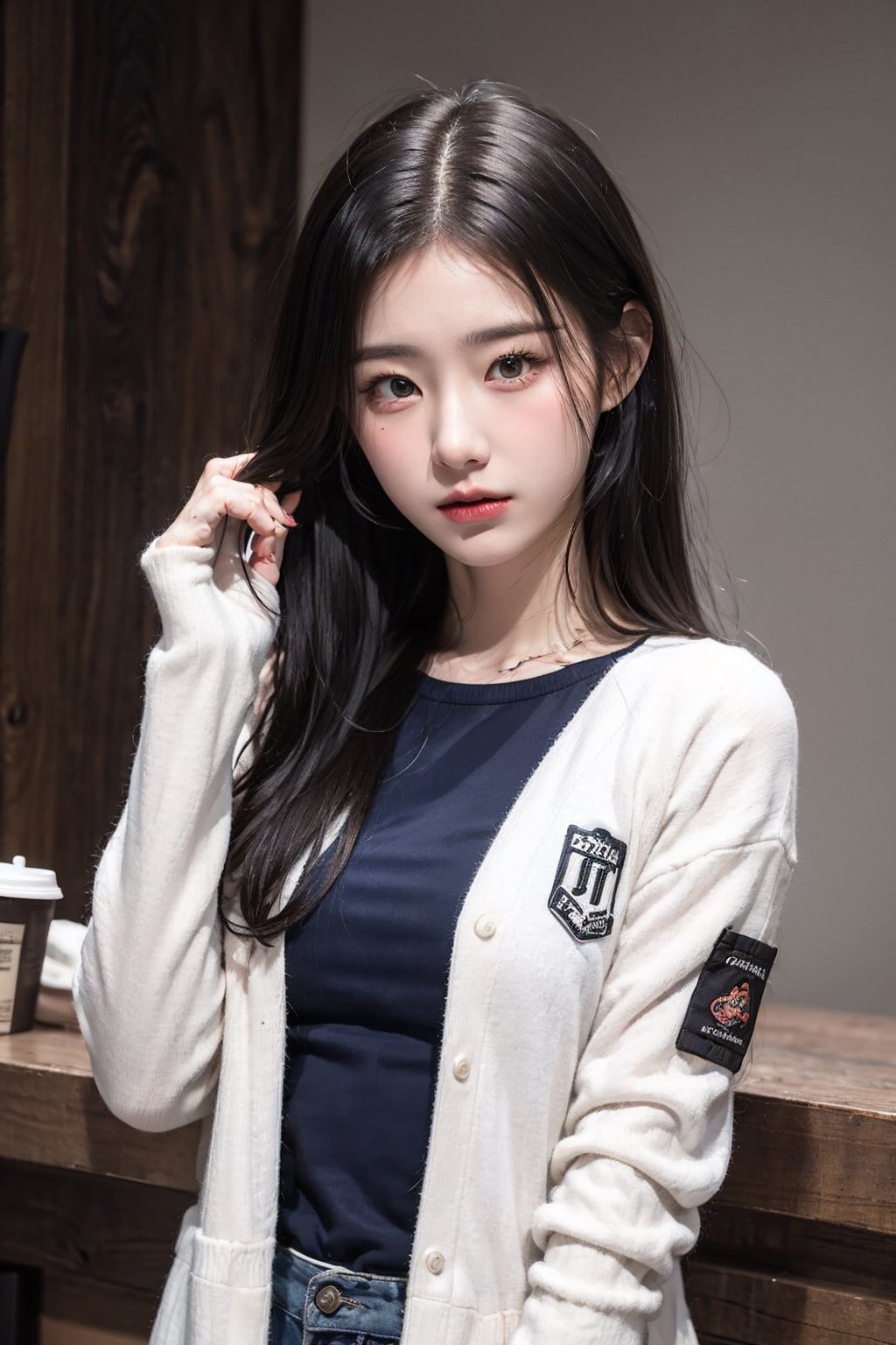 ((Fujifilm)), solo, {beautiful and detailed eyes}, coffe shop, girl in baseball jacket custume, small breast, calm expression, natural and soft light, brown-hair, delicate facial features, cnc_cc, beautiful_korean_girl, realhands,chaeryeong, small_head, curly_hair