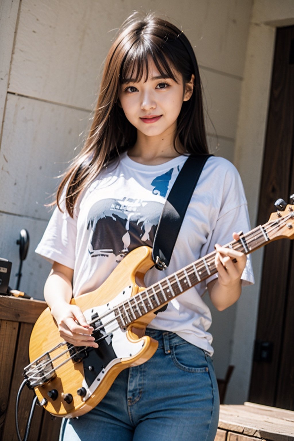 graininess,smile,cold,exposure,FilmGirl, 18_year_old, beautiful_korean_girl, girl in blue oversize t-shirt custume, realhands, curly_hair, brown-hair,LinkGirl,korean girl,1 girl,iu, small-head, tiny_breasts,little_cute_girl, playing bass
