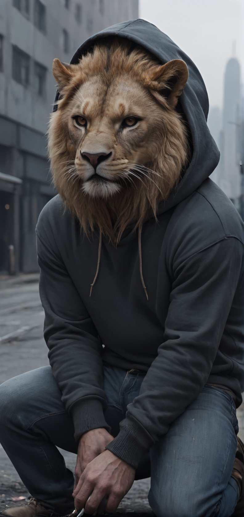 Create a lion man in hoodie leaned on dead body. wearing hoddie and jeans,hood covering his head , smoking , boots, city , outdoors, looking pissed, high detailed,photo r3al,Movie Still,