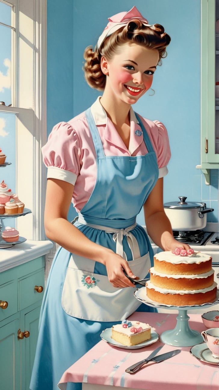 Norman Rockwell art, ultra detailed illustration in soft pastel colors, a beautiful and elegant housewife baking cakes, soft, cute smile, shabby chic livingroom environment, best quality, centered image, MSchiffer, inspired by the 1950s ((flat colors)) ((low saturation)) pink, white, blue, vintage