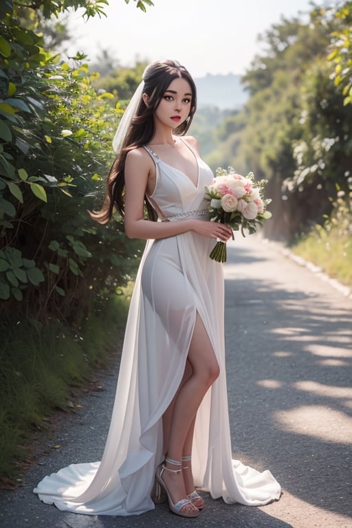 sole_female, very beautiful, bride, standing  outside, under a tree, full sun, long_hair, brunette, BREAK
long white wedding dress with flowing train.  flower in hair, holding bouquet of wedding flowers infront, full body, waist shot, facing_viewer.
BREAK
red lips, light makeup, small_breasts, 