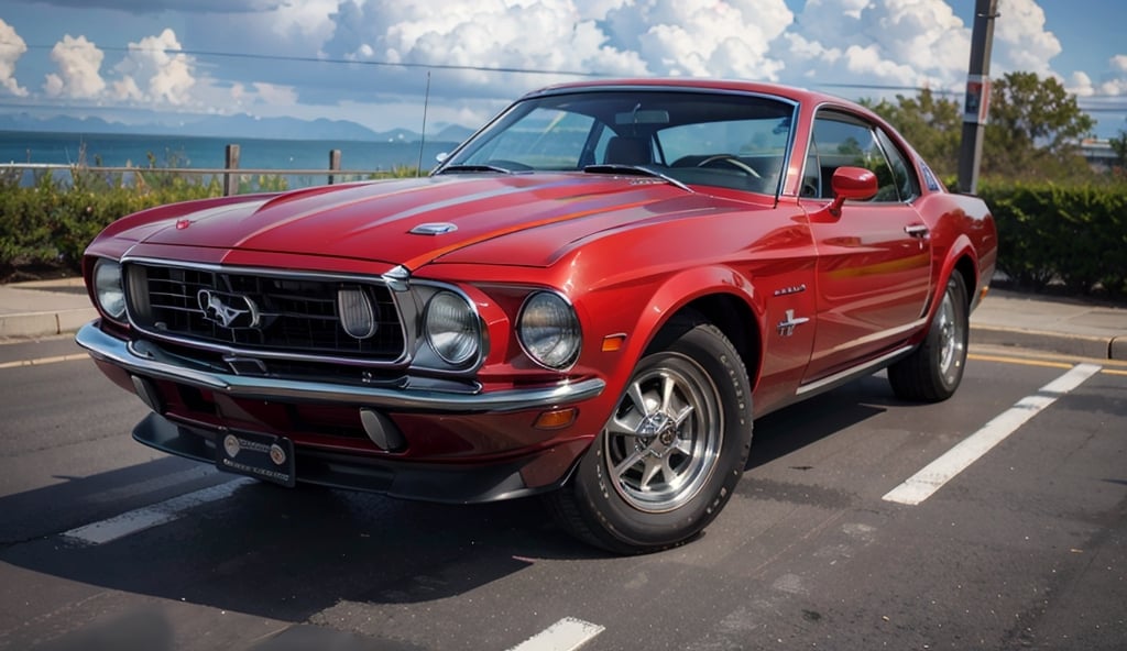 car, retro 1972 Ford mustang, high detail, red,