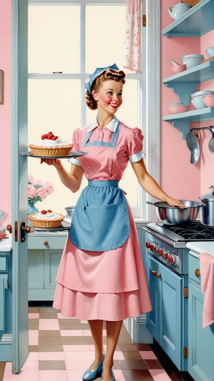 Norman Rockwell art, ultra detailed illustration in soft pastel colors, a beautiful and elegant housewife baking pies, soft, cute smile, shabby chic livingroom environment, best quality, centered image, MSchiffer, inspired by the 1950s ((flat colors)) ((low saturation)) pink, white, blue, vintage