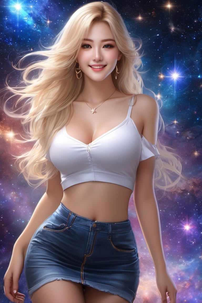 a detailed photo of a pretty girl with cosmic stars in her,detailmaster2, NSFW
BREAK, Long flowing hair, Blonde hair, big_breasts, sensual smile, see through white top, short skirt, long legs, very sexy look, proturding nipples, pouty look,