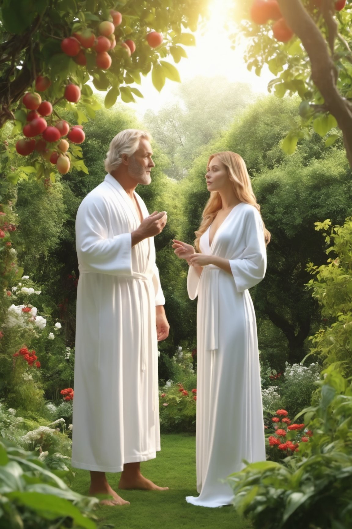 4k, adam and eve garden scene, man and woman in white robes.