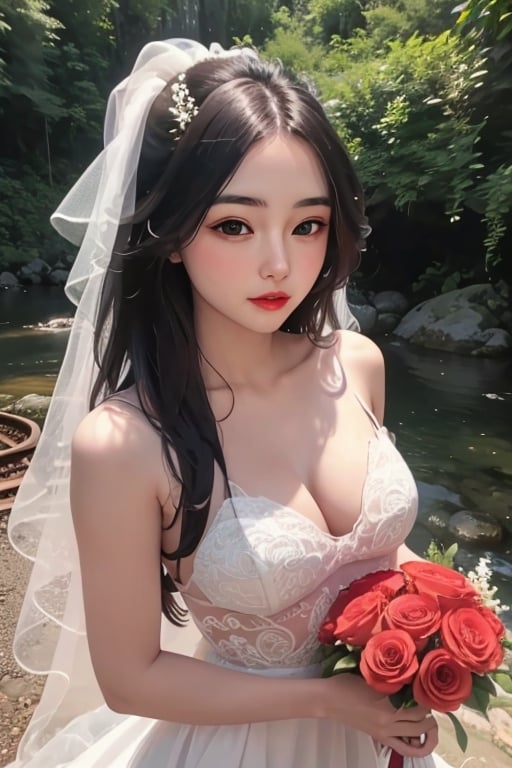 sole_female, very beautiful, bride, standing  outside, under a tree, full sun, long_hair, brunette, BREAK
long white wedding dress with flowing train.  flower in hair, holding bouquet of wedding flowers infront, facing_viewer.
BREAK
red lips, light makeup, small_breasts, 