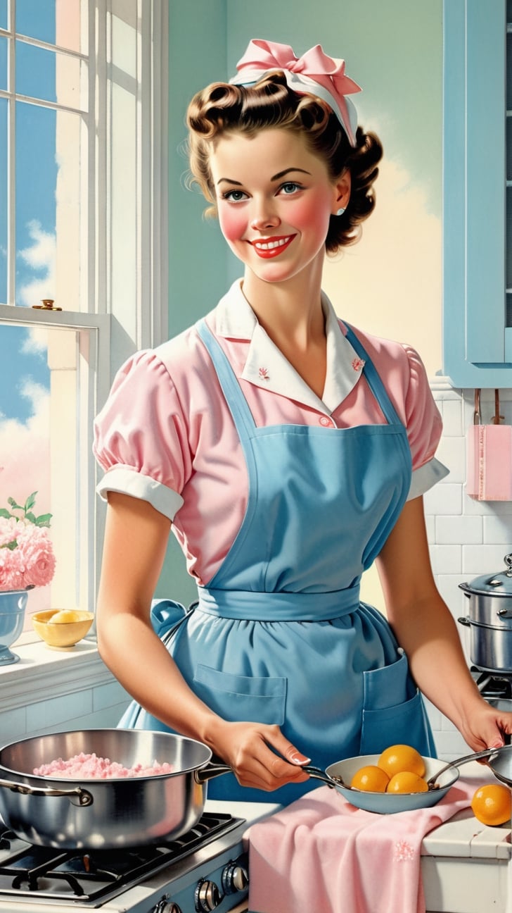 Norman Rockwell art, ultra detailed illustration in soft pastel colors, a beautiful and elegant housewife cooking, soft, cute smile, shabby chic livingroom environment, best quality, centered image, MSchiffer, inspired by the 1950s ((flat colors)) ((low saturation)) pink, white, blue, vintage