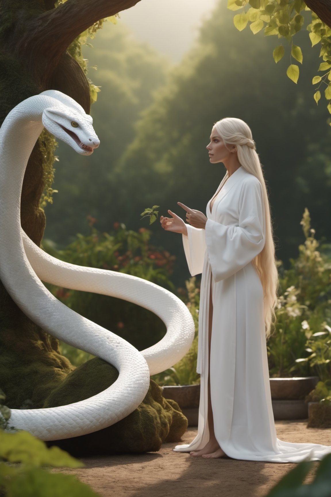 4k, serpent speaking with eve garden scene. white robe,  long_hair, outdoor, 