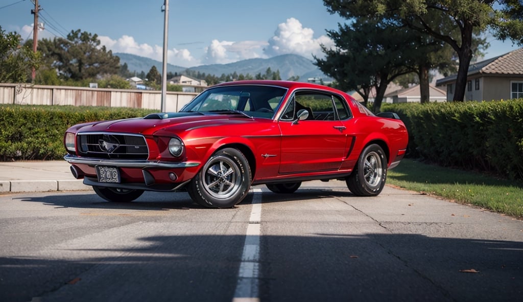 car, retro 1967 ford mustang, high detail, red with black top,