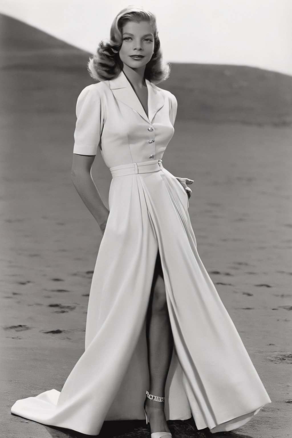 solo female, lauren bacall, black and white photo, wearing a nice dress and posed full body.