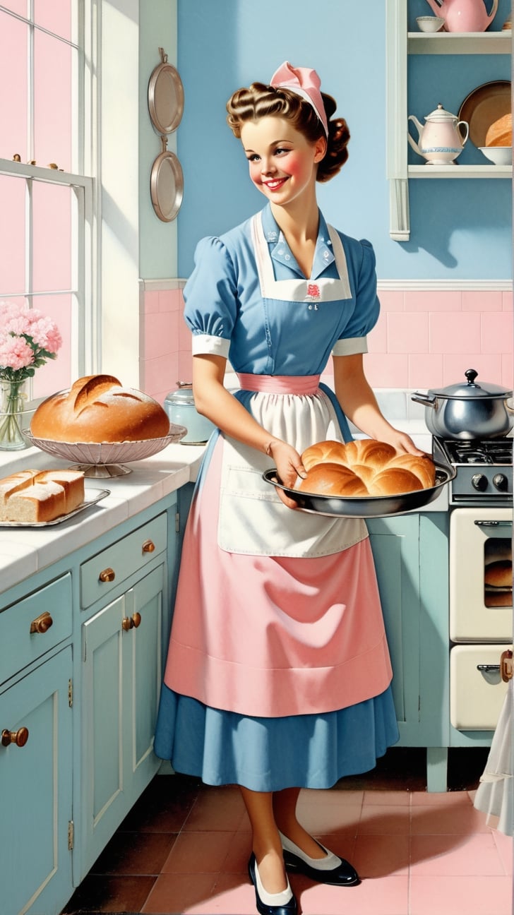 Norman Rockwell art, ultra detailed illustration in soft pastel colors, a beautiful and elegant housewife baking bread, soft, cute smile, shabby chic livingroom environment, best quality, centered image, MSchiffer, inspired by the 1950s ((flat colors)) ((low saturation)) pink, white, blue, vintage