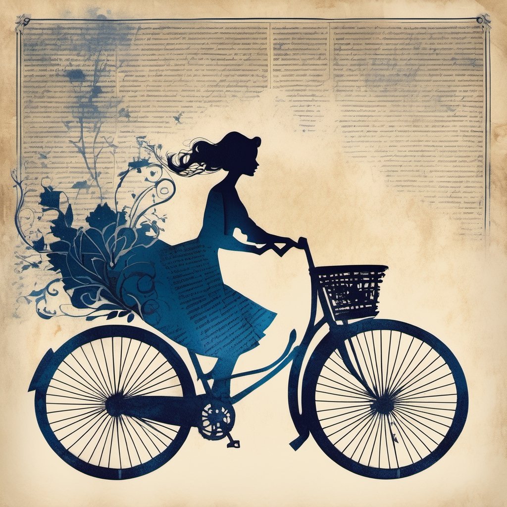 art by Marko Manev, cursive writing, vintage text,
(Calligraphy made of newspaper:1.8), gilded motifs and ornate borders, elegant, flowing, Illuminated manuscript, miniature painting, untied hair,
Faded decoupage portrait silhouette of a woman riding a bicycle, 

faded vibrant colors,

dark-blue tones, frozen effect, snow falling,
highly detailed, intricate details, masterpiece, 