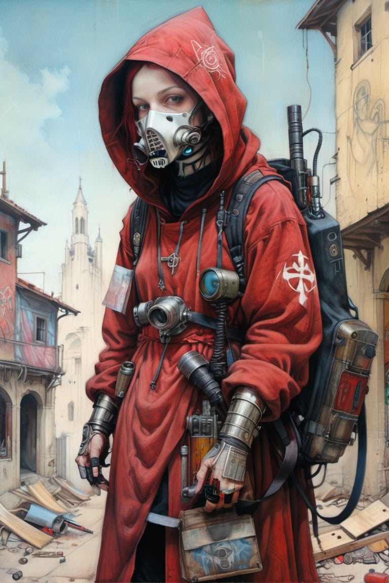 gothic artstyle, art by Michael Shapcott, innocent girl technopriest, long heavy red hooded robe, breathing mask, energy weapons laser guns, heavy technological backpacks, cybernetic implants, adeptus mechanicus, cybernetic enhancement, 
Calligraffiti, Chiaroscuro, 
fantasy art, highly detailed, centered, 
masterpiece, full body, ,more detail XL