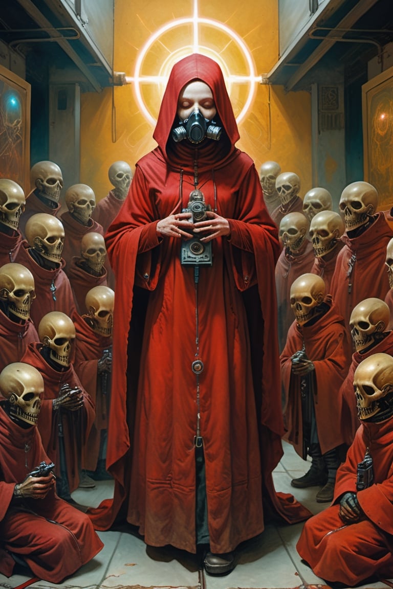 gothic artstyle, art by Michael Shapcott, innocent girl technopriest, long heavy red hooded robe, breathing mask, energy weapons laser guns, heavy technological backpacks, cybernetic implants, adeptus mechanicus, cybernetic enhancement, 
Calligraffiti, Chiaroscuro, 
fantasy art, highly detailed, centered, 
masterpiece, full body, ,more detail XL