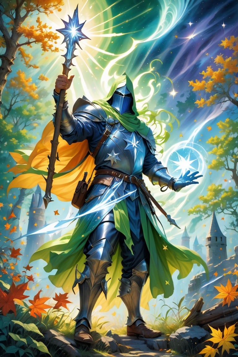 full body, depth of field, large background, happy funny wizard knight, art by Callie Fink, fantasy portrait of shooting star, action pose, fantasy, strong heavy armor man, endless night, medieval ruins background, overgrown, dead tree, high_res, sun rays, vibrant colors, lueur mystique, obscure, reflets argentés, autumn, Mysterious