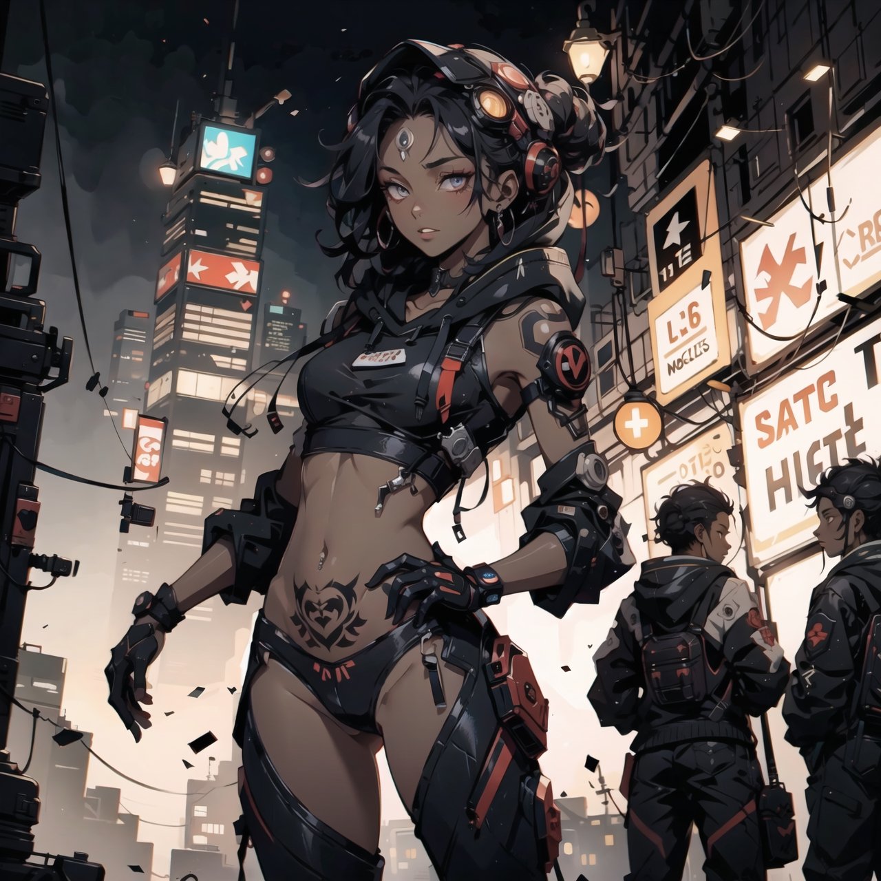 Rebreather, Hoodie, cyberpunk city, (masterpiece), best quality, expressive eyes, perfect face, dark skin, big tits, long black hair, dark-female, (dark_skin), sexy, slim body, sexy wasitline, flat tummy, skinny shoulders, tall, very sexy, crotch tattoo, g-string panty, chocolate coloured skin colour, 