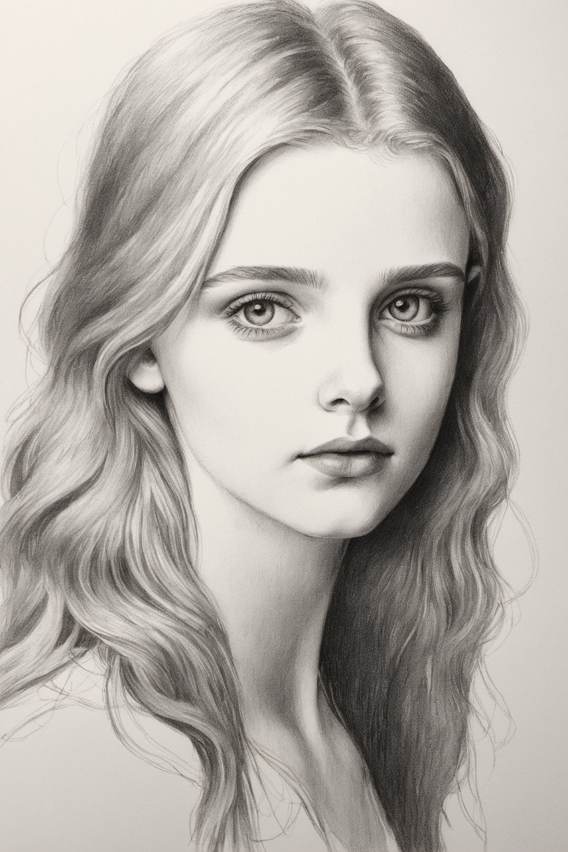 Girl portrait in black and white drawn in a pencil draw style.