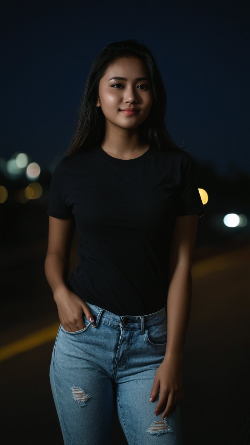 full body, Indonesian local girl, feminine pose, smile,cinematic film still of dim light, low light, dramatic light, partially covered in shadow, realistic photo, close-up, close-up shot, plain white t-shirt,, gigantic breasts, masterpiece, ripped long denim pants, 18 years old, radiating an air of allure and sophisticated charm, with a striking, captivating face, positioned against the backdrop of a busy nighttime highway,her gaze piercing into the camera, Low-key lighting , 32k resolution, best quality, high saturation , edgy, photo-real, Style, sky, at dusk,scenery, shallow depth of field, vignette, highly detailed, high budget, bokeh, cinemascope, moody, epic, gorgeous, film grain, grainy, Low-key lighting Style ,neon photography style