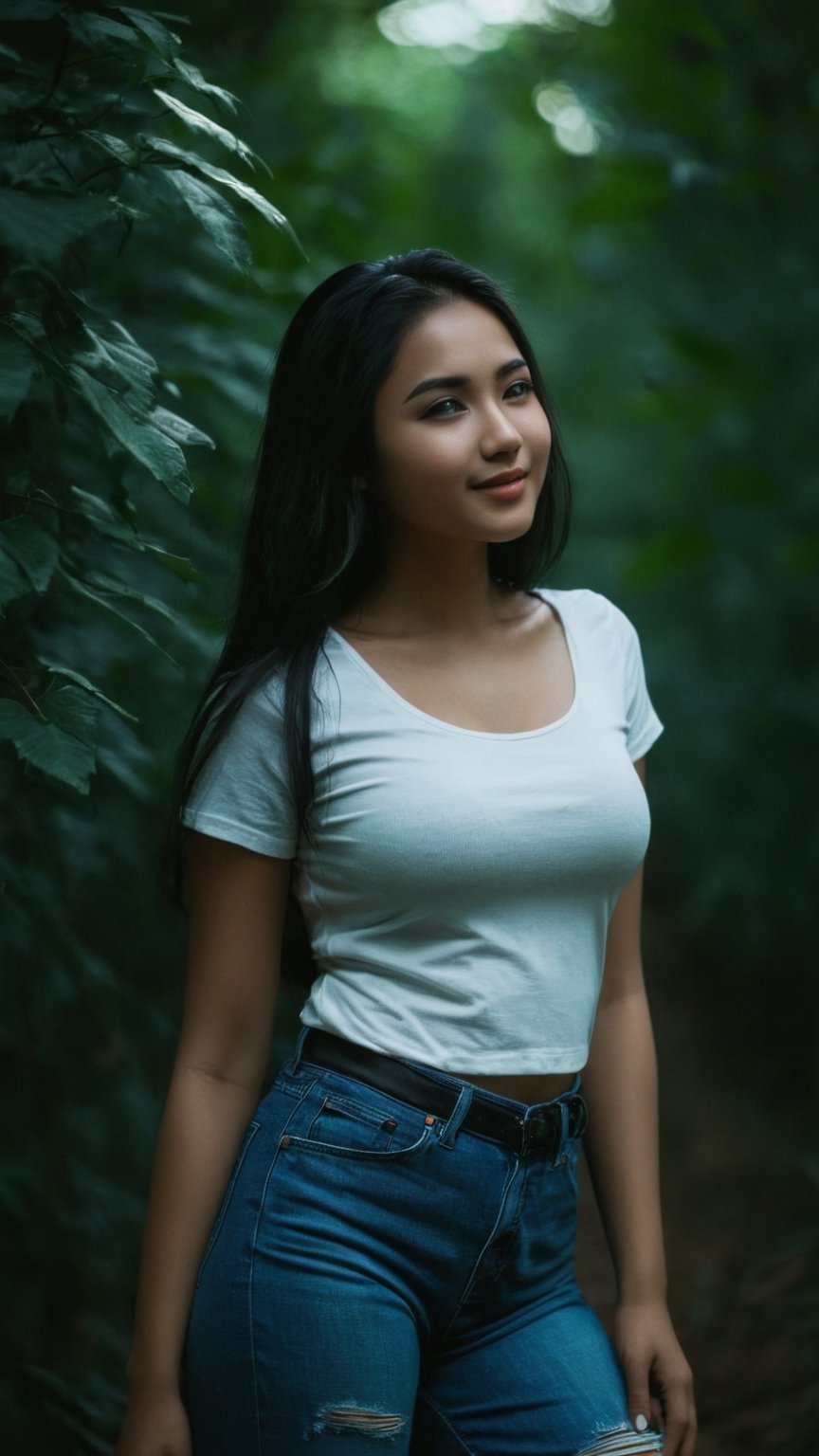 full body, Indonesian local girl, feminine pose, light make-up,smile,cinematic film still of dim light, low light, dramatic light, partially covered in shadow, realistic photo, close-up, close-up shot, plain white t-shirt,, gigantic breasts, masterpiece, ripped long denim pants, 18 years old, radiating an air of allure and sophisticated charm, with a striking, captivating face, positioned against the backdrop of a busy nighttime fantasy forest, shining leaves, shining flowers,, her gaze piercing into the camera, Low-key lighting , 32k resolution, best quality, high saturation , edgy, photo-real, Style, sky, at dusk,scenery, shallow depth of field, vignette, highly detailed, high budget, bokeh, cinemascope, moody, epic, gorgeous, film grain, grainy, Low-key lighting Style ,neon photography style