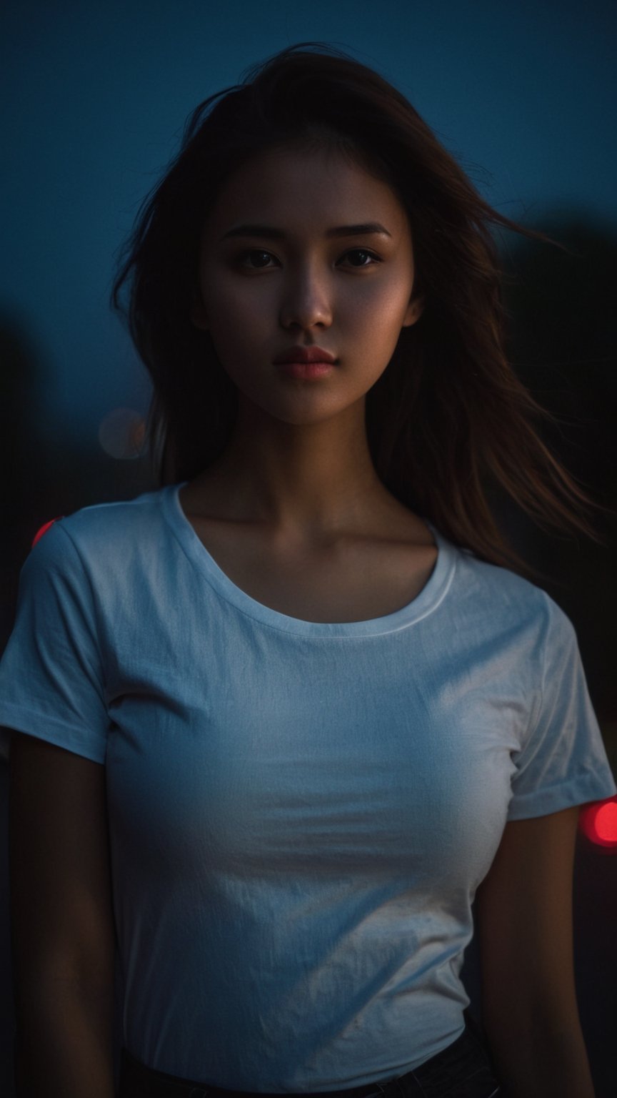 nsfw, ., . , ., slender twenty year old woman, indoneisan local girl face,, feminine pose, perfect breasts, (((full-body_portrait))), faint smile,


,cinematic film still of  dim light, low light, dramatic light, partially covered in shadow, 
realistic photo, close-up, close-up shot,
(((loose white t-shirt))),, masterpiece,., (((ripped long denim pants))),,

,,24 years old, radiating an air of allure and sophisticated charm, with a striking, captivating face, positioned against the backdrop of a busy nighttime highway.,.,

,her gaze piercing into the camera. 

Low-key lighting ,
 32k resolution, best quality, (high saturation:1.1), edgy, photo-real, 
Style,sky, at dusk,scenery, shallow depth of field, vignette, highly detailed, high budget, bokeh, cinemascope, moody, epic, gorgeous, film grain, grainy,Low-key lighting Style,photo r3al,p3rfect boobs,neon photography style