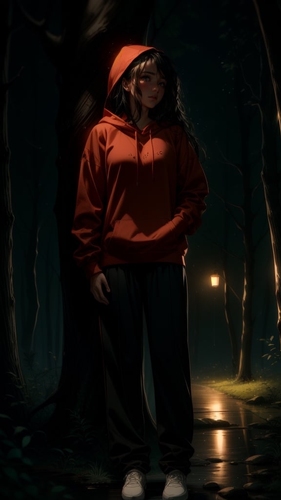 16k, realistic, perfect, forest,
,midnight,
,rain, big old tree ,
, long black hair,
,cry,
,1girl, red hoodie, 


,long black loose trousers,
,
,perfecteyes,