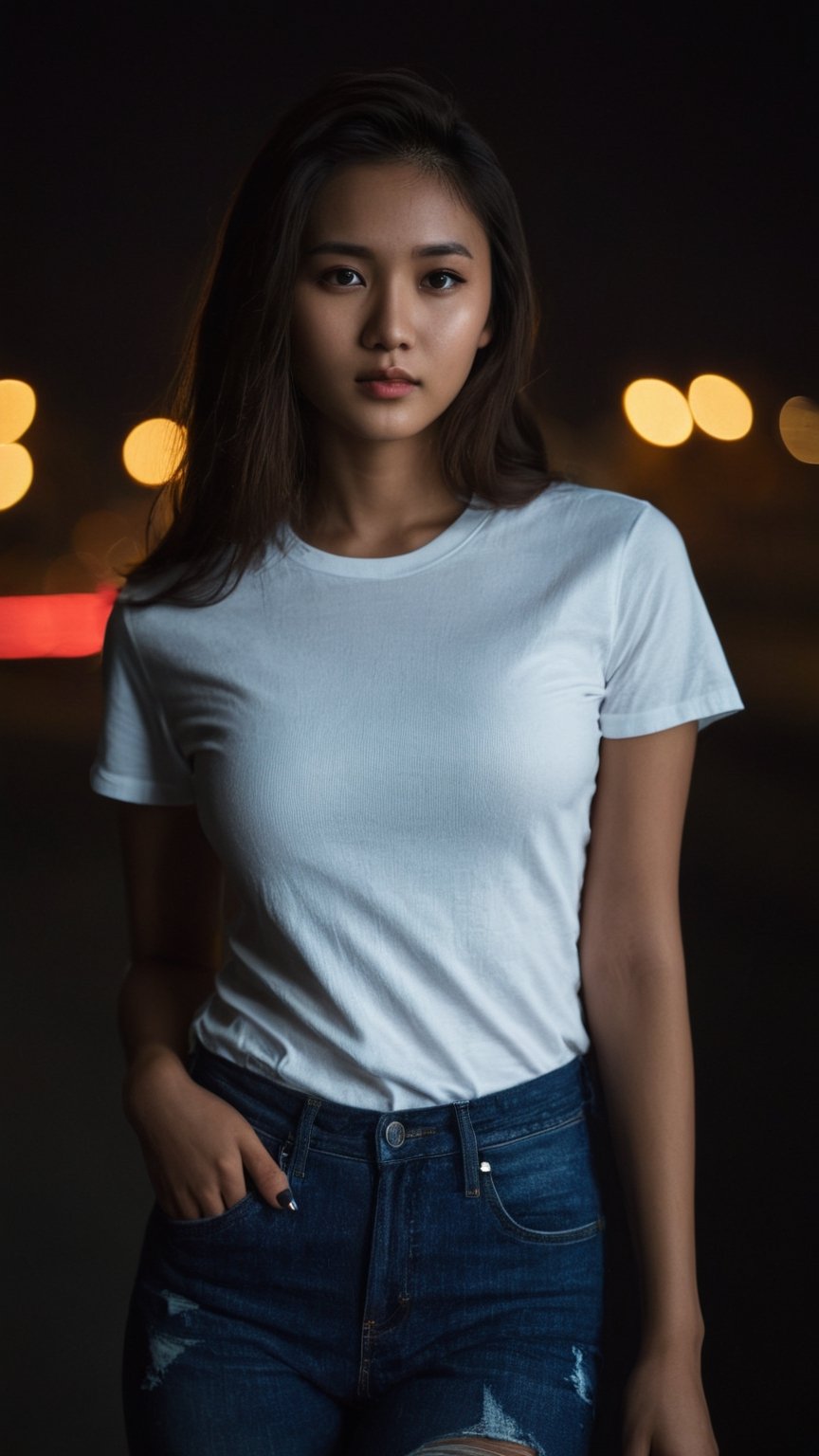 nsfw, ., . , ., slender twenty year old woman, indoneisan local girl face,, feminine pose, perfect breasts, (((full-body_portrait))), faint smile,


,cinematic film still of  dim light, low light, dramatic light, partially covered in shadow, 
realistic photo, close-up, close-up shot,
(((loose white t-shirt))),, masterpiece,., (((ripped long denim pants))),,

,,24 years old, radiating an air of allure and sophisticated charm, with a striking, captivating face, positioned against the backdrop of a busy nighttime highway.,.,

,her gaze piercing into the camera. 

Low-key lighting ,
 32k resolution, best quality, (high saturation:1.1), edgy, photo-real, 
Style,sky, at dusk,scenery, shallow depth of field, vignette, highly detailed, high budget, bokeh, cinemascope, moody, epic, gorgeous, film grain, grainy,Low-key lighting Style,photo r3al,p3rfect boobs,neon photography style