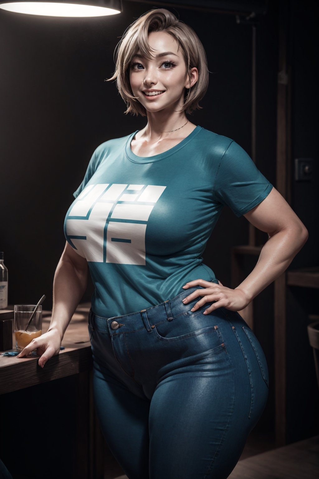 best quality, highres, masterpiece, RAW photo, best quality, photorealistic, ultrarealistic, 8k, smooth lighting, nsfw, 1girl, solo, 38 year old Korean mature female, ((T-shirt with a deep neckline and skinny jeans)), very detailed, tallgirl, sexy, ((sexy pose)), smile, short-hair, chubby_girl, (square_hips:1.5), cameltoe, (gigantic breasts), cameltoe, Pantylines,venusbody,shiraki meiko