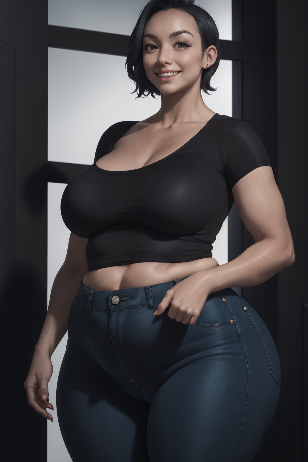 best quality, highres, masterpiece, RAW photo, best quality,  3d, 3d_art, 3d_rendering_image, smooth lighting, nsfw, 1girl, solo, 38 year old Korean mature female, ((T-shirt with a deep neckline and skinny jeans)), very detailed, tallgirl, sexy, ((sexy pose)), smile, short-hair, chubby_girl, (square_hips:1.5), cameltoe, (gigantic breasts), cameltoe, Pantylines,venusbody, 