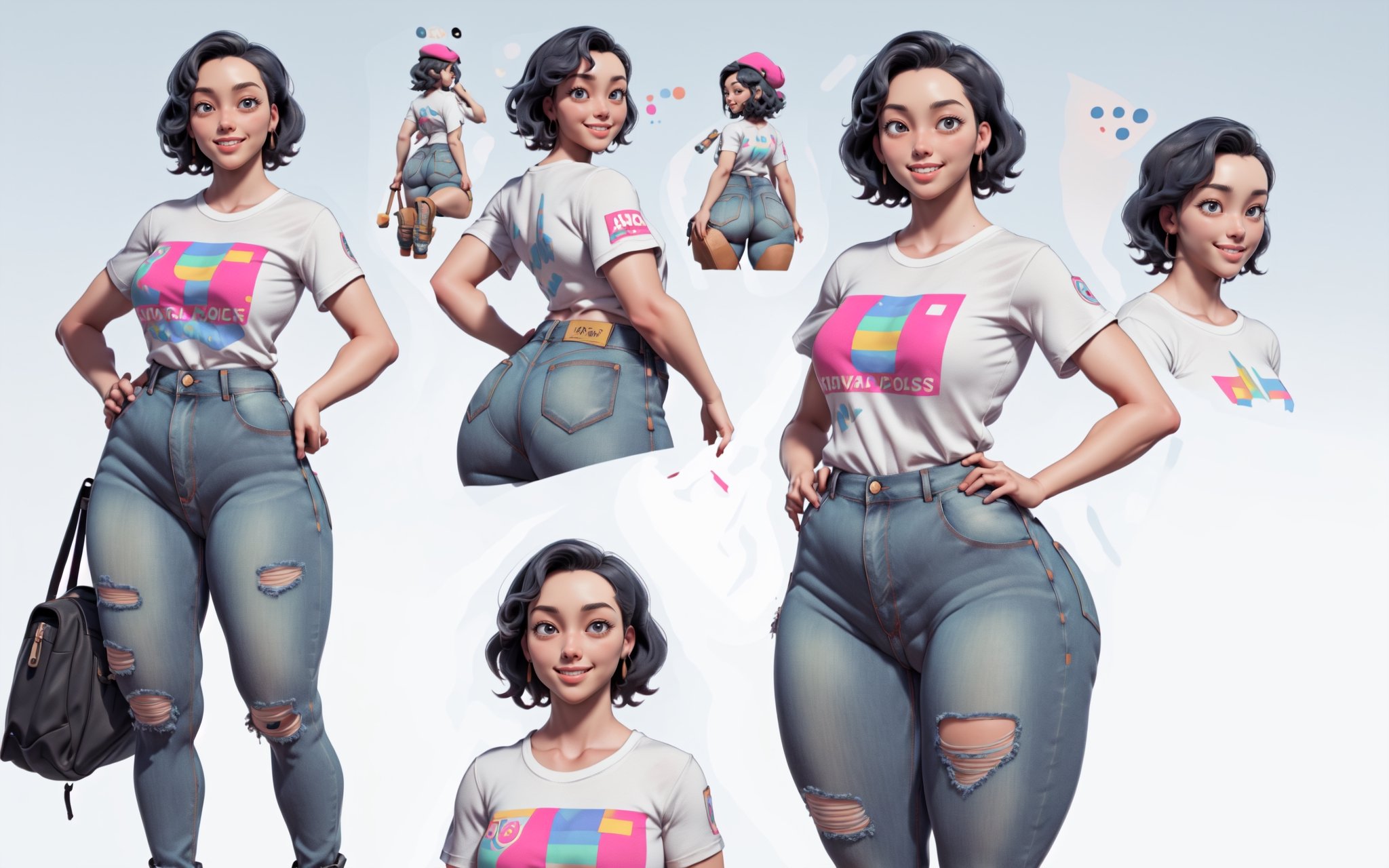 best quality, highres, masterpiece, RAW photo, best quality,  3d, 3d_art, 3d_rendering_image, smooth lighting, nsfw, 1girl, solo, 28 year old Korean mature female, ((T-shirt with a deep neckline and skinny jeans)), very detailed, tallgirl, sexy, ((sexy pose)), smile, short-hair, chubby_girl, (square_hips:1.5), cameltoe, (giant breasts), venusbody, (white_background:1.5), Pantylines,  (((character design sheet, full body shots, multiple views, full_body, 1_frontal_view, 1_side_view, 1_rear_view))), multiple face suggestions