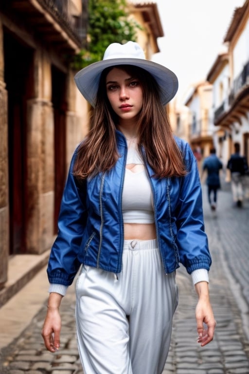 a very beautiful, sensual and sexy woman with very long hair walking through the city of Córdoba at dawn on a May day, ((hip hop outfit)), ((very long blue jacket, white sports top, very wide white cotton pants, elegant white wide brim hat)), UHD, 8K, sharp focus, bokeh, intense and vibrant colors, chromatic aberration, intricate and highly detailed,perfect light