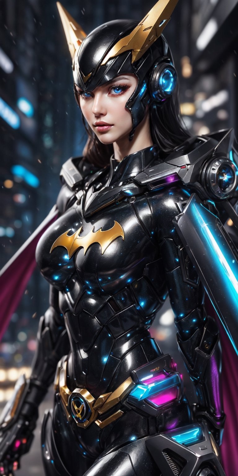 Best picture quality, high resolution, 8k, realistic, sharp focus, realistic image of elegant lady, Korean beauty, supermodel, pure white hair, blue eyes, wearing high-tech cyberpunk style blue Batgirl suit, radiant Glow, sparkling suit, mecha, perfectly customized high-tech suit, ice theme, custom design, 1 girl,mecha,photorealistic,cyborg_girl, beautiful volumetric lighting, epic light, intense and vibrant colors, chromatic aberration