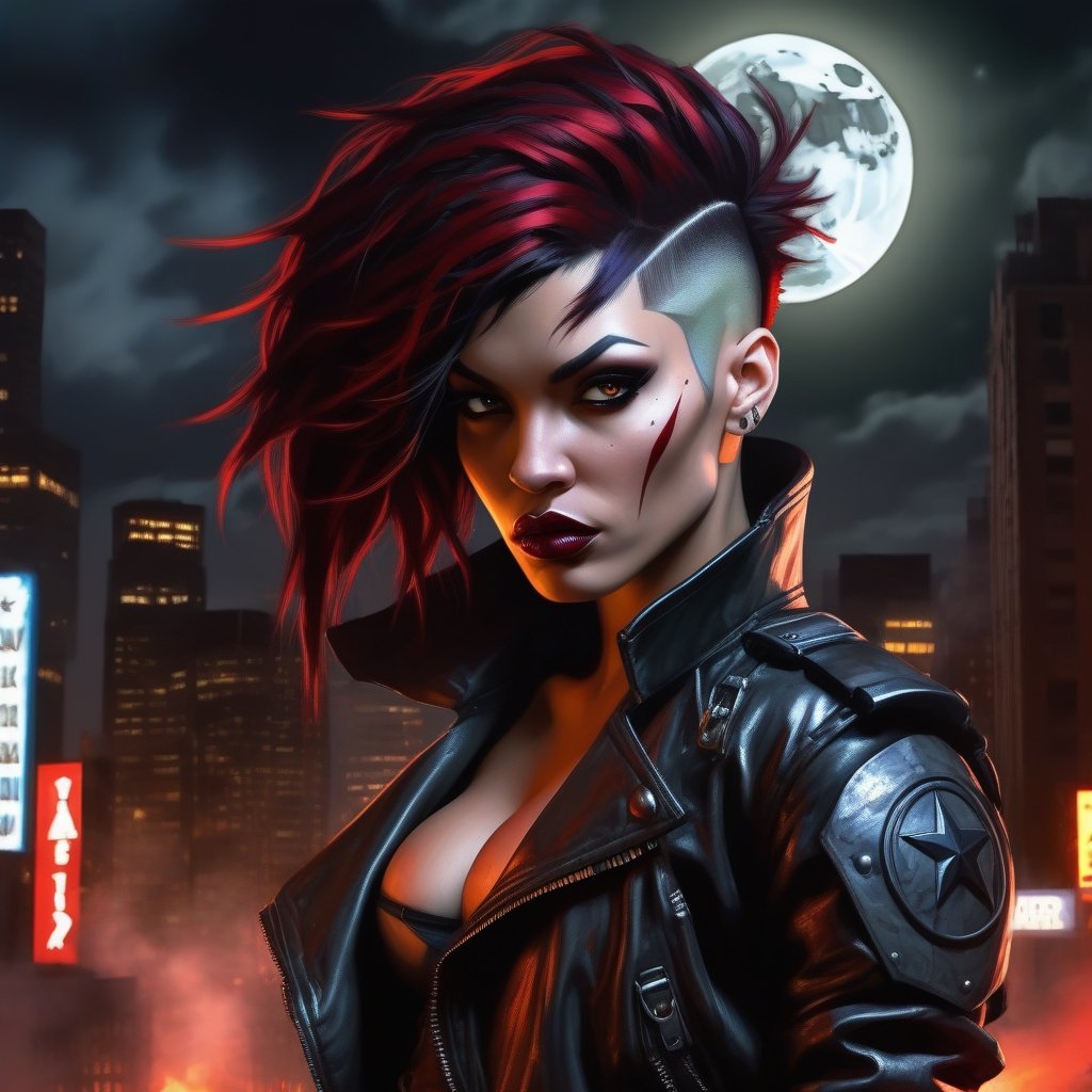 A very sexy woman with deep red and obsidian hair, (uneven punk haircut), night, dark, full Moon, fire, war, apocalypse, future big city, dark light, neon punk,Rogue,More Detail,Superhero