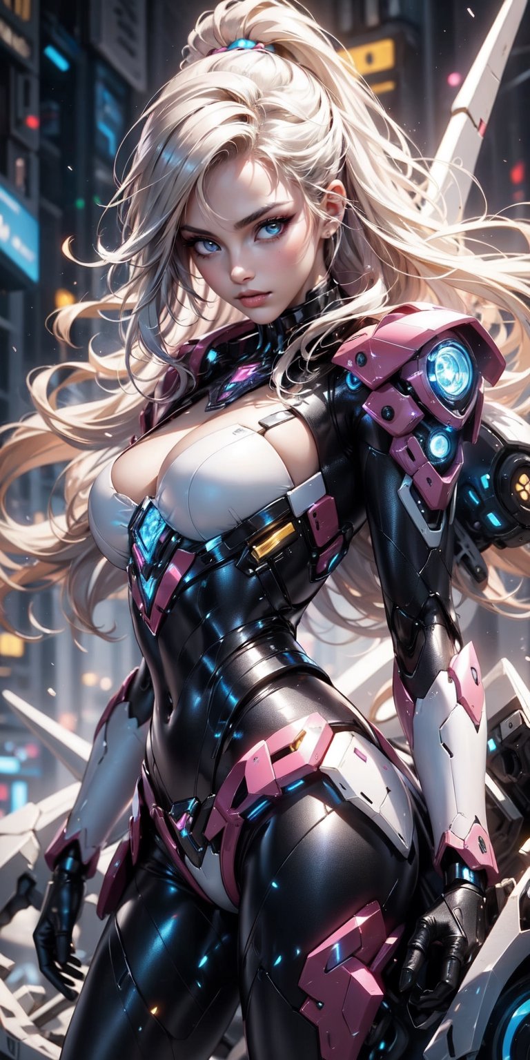 Best picture quality, high resolution, 8k, realistic, sharp focus, realistic image of elegant lady, Korean beauty, supermodel, pure white hair, blue eyes, wearing high-tech cyberpunk style blue Batgirl suit, radiant Glow, sparkling suit, mecha, perfectly customized high-tech suit, ice theme, custom design, 1 girl,mecha,photorealistic,cyborg_girl, beautiful volumetric lighting, epic light, intense and vibrant colors, chromatic aberration