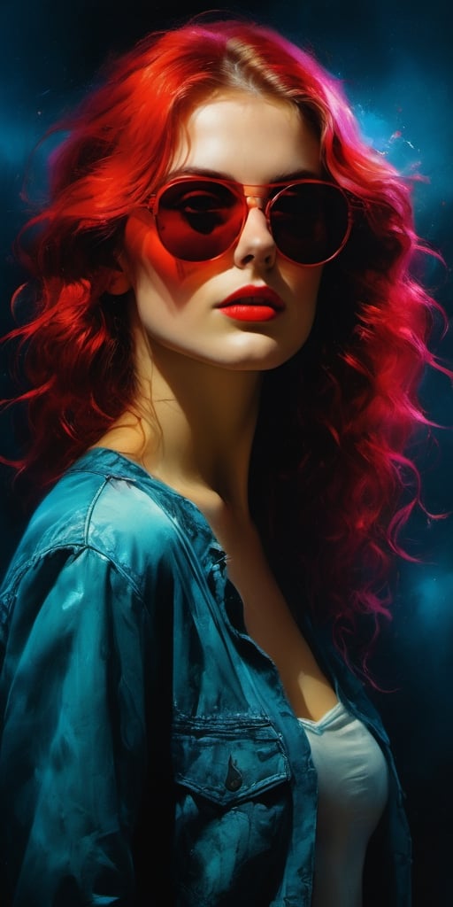Half body, one beautiful and sexy girl ((22 years)), wearing red sunglasses, 8k resolution photorealistic masterpiece, intricately detailed fluid painting, by Jean Baptiste Monge, acrylic: colorful watercolor art, cinematic lighting, maximalist photoillustration, very long hair, sensual makeup, 8k resolution concept art intricately detailed, complex, elegant, expansive, fantastical, psychedelic realism, greg rutkowski, UHD, sharp focus, bokeh, intricate, intense colors, vibrant colors, chromatic aberration, beautiful volumetric lighting, epic light, urban art masterpiece, neonpunk, detailmaster2, photo r3al, dreamwave,retro ink,ink ,style