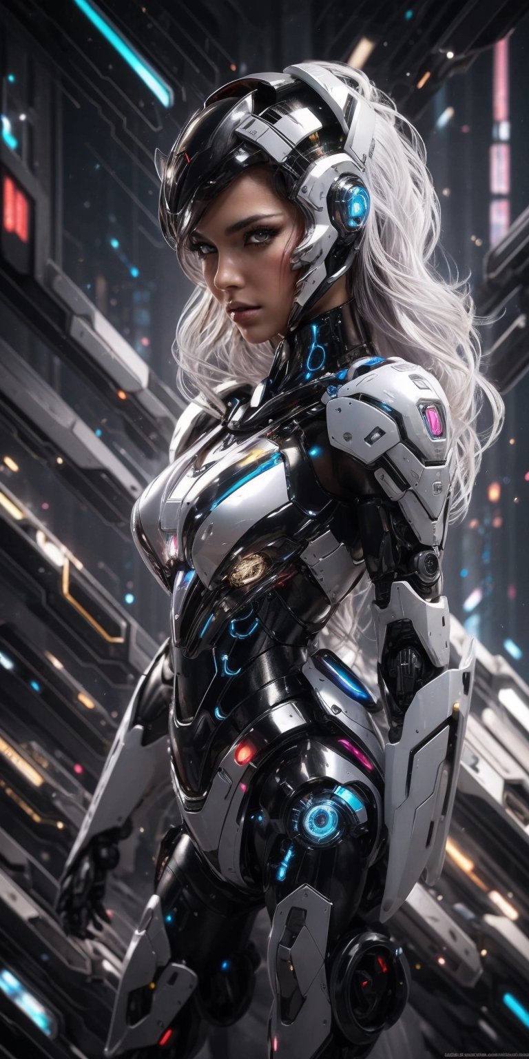 Best picture quality, high resolution, 8k, realistic, sharp focus, realistic image of elegant lady, supermodel, pure white hair, blue eyes, wearing high-tech cyberpunk suit, radiant Glow, sparkling suit, mecha, perfectly customized high-tech suit, ice theme, custom design, 1 girl,mecha,photorealistic,cyborg_girl, beautiful volumetric lighting, epic light, intense and vibrant colors, chromatic aberration