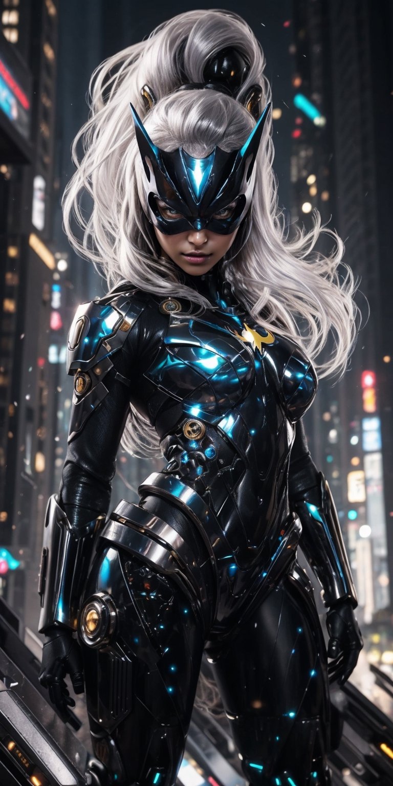 Best picture quality, high resolution, 8k, realistic, sharp focus, realistic image of elegant lady, Korean beauty, supermodel, pure white hair, blue eyes, wearing high-tech cyberpunk style blue Batgirl suit, radiant Glow, sparkling suit, mecha, perfectly customized high-tech suit, ice theme, custom design, 1 girl,mecha,photorealistic,cyborg_girl, beautiful volumetric lighting, epic light, intense and vibrant colors, chromatic aberration