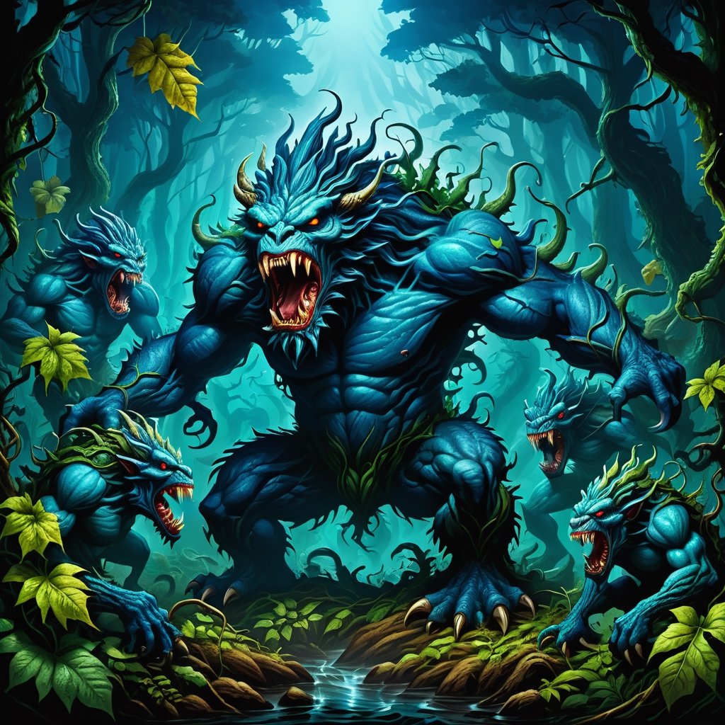 A group of vine plant monsters, fierce, roaring, attacking. In the deep forest at night. The color of blue.